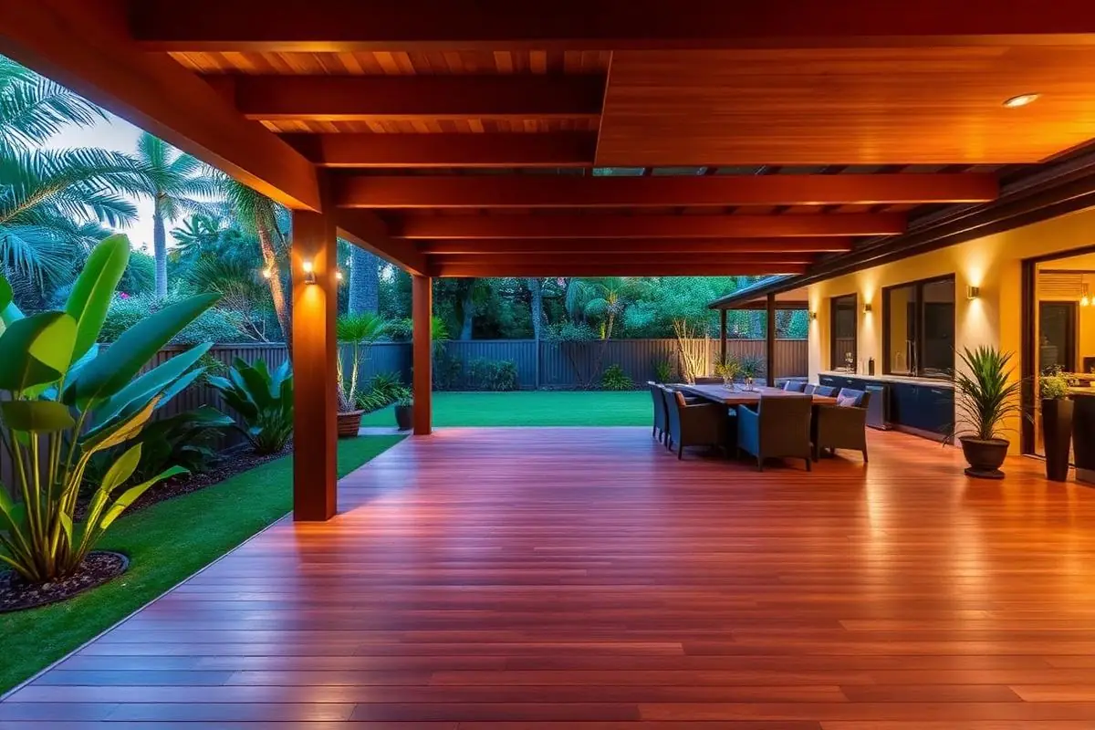 Covered timber deck with an outdoor dining area