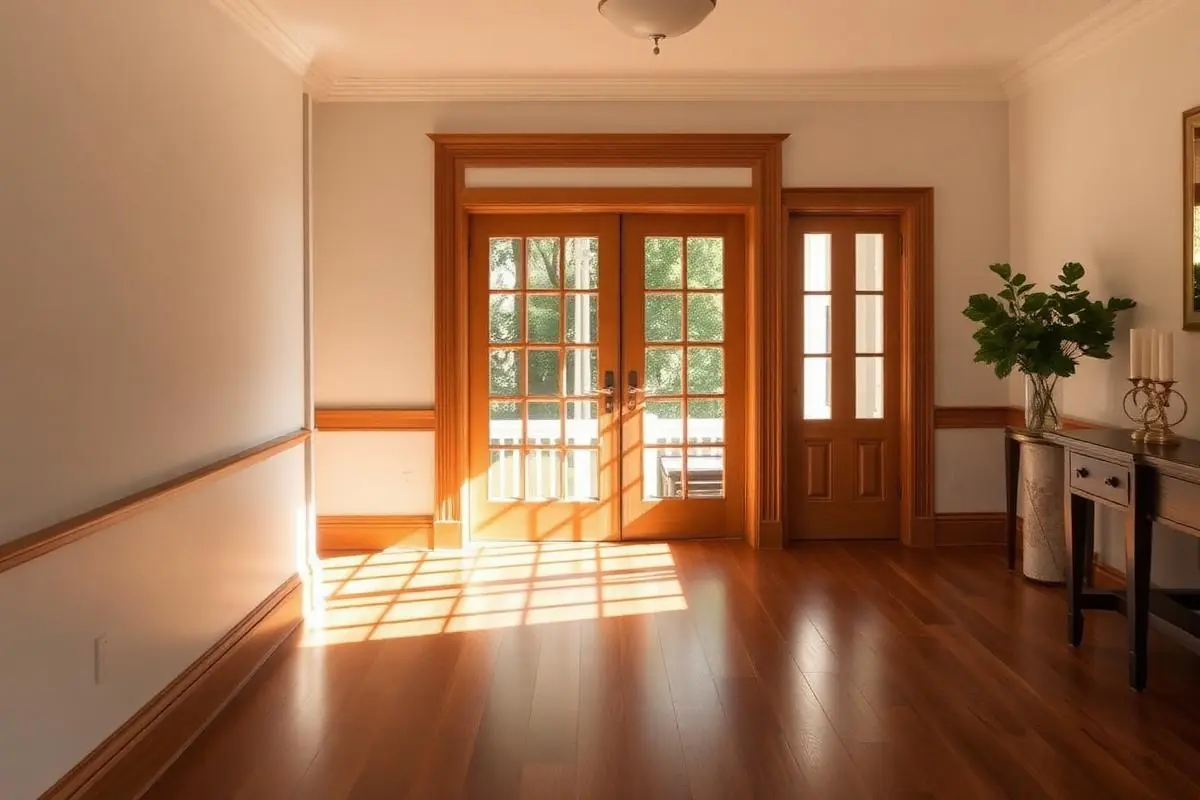 Timber French doors, architraves and skirting in an interior room