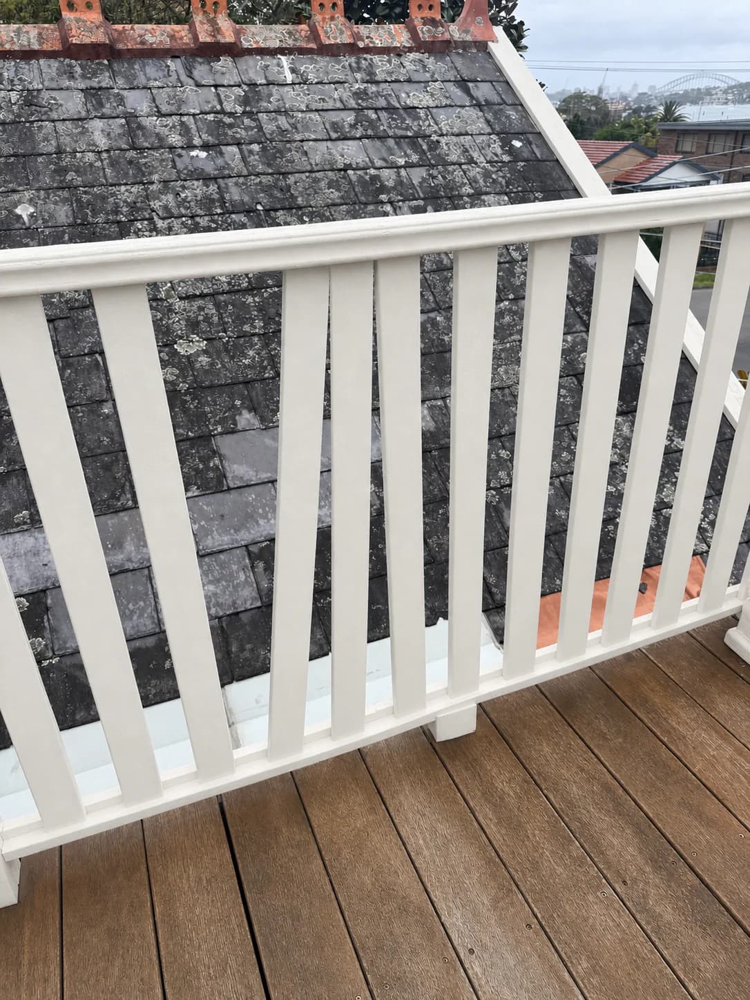 External timber balustrade after repair and recoating