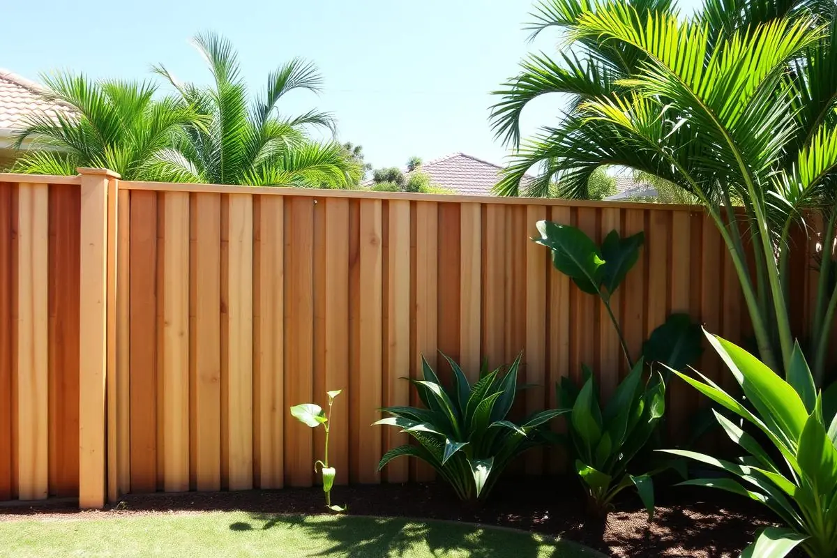 Timber boundary fence beside a landscaped garden